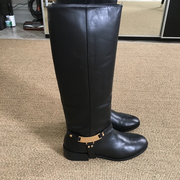 Zara Shoes Zara Tall Leather Riding Boots Black 9 Gold Buckle